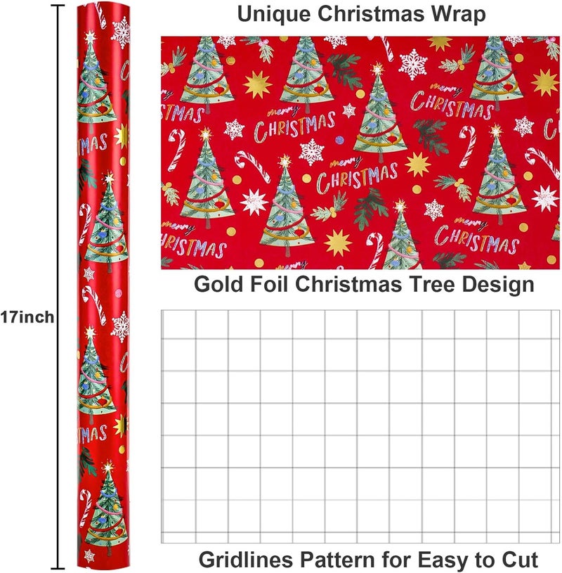 Yarcony Vinage Christmas Wrapping Paper Roll, Red Wrapping Paper, Gold Foil Elegant Deep Red Christmas Tree Theme Festive Holiday Gift Wrap for Winter Celebrations, Seasonal Decor(17Inch x 33Feet) - Image 3